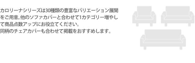 カロリーナシリーズは30種類の豊富なバリエーション展開をご用意。他のソファカバーと合わせて1カテゴリー増やして商品点数アップにお役立てください。同柄のチェアカバーも合わせて掲載をおすすめします。